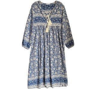 Midi Kaftan Dress M Blue Floral V-Neck Long Sleeve Boho Beachy Resort Moo Moo